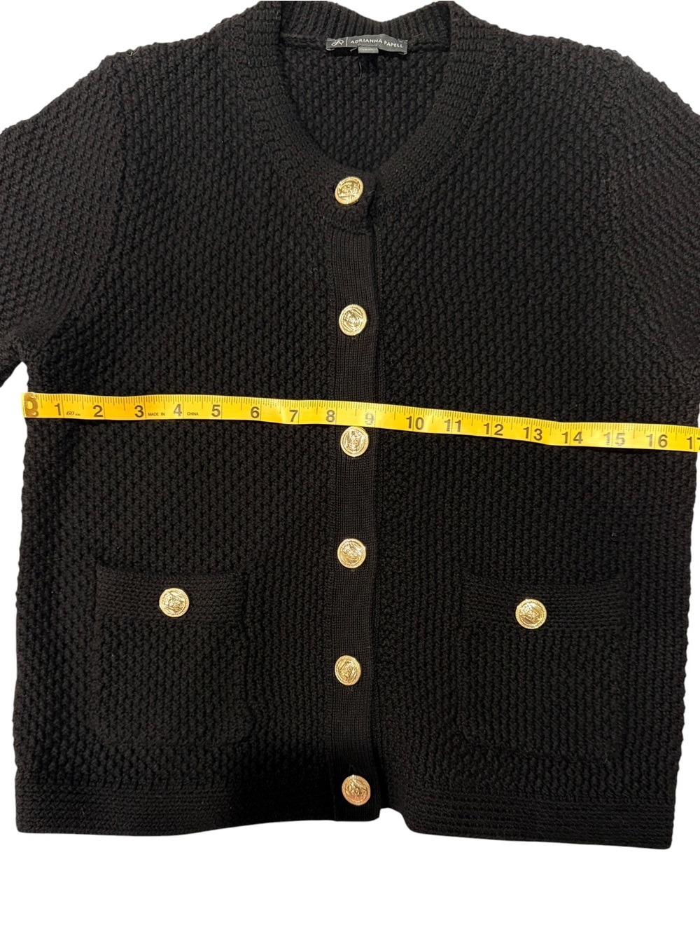 Adrianna Papell Short Sleeve Textured Knit Cardigan Black Gold Buttons Small - Picture 6 of 8